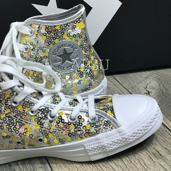 Converse Ctas HI Sequins Pure Silver Gold W AUTHEN - Picture 6 of 8